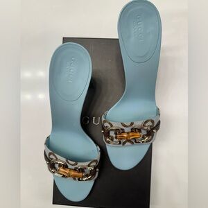 SOLD
Authentic Gucci Bamboo Horsebit-Mid Heel Mule-GG Canvas-Sky